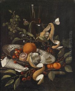 Ein Stillleben Mit Fruchten Auf Einer Fayenceschale Und Gefullten Weinglasern by Martinus Nellius