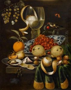 Stilleben Mit Zitrone Und Weinglas, Vogeln Und Schmetterlingen by Martinus Nellius