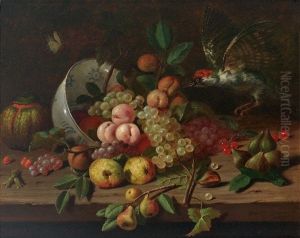 Elegantes Fruchtestilleben Mit Schrag Gestellter Delfter Schale, Anfliegendem Specht Und Schmetterling by Martinus Nellius