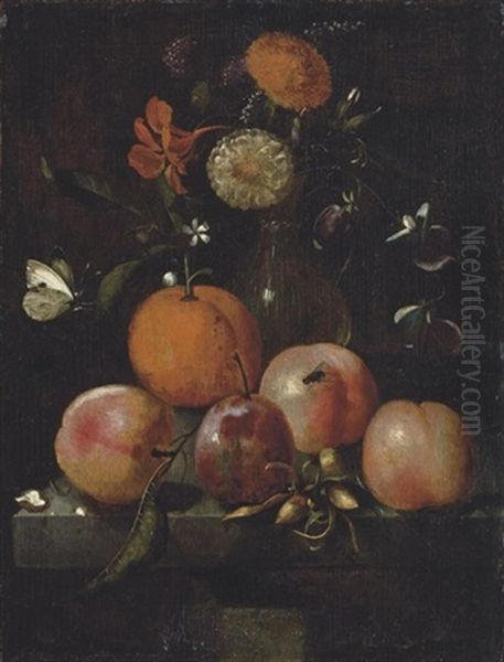 Plums, An Orange, A Cabbage White Butterfly And Flowers In A Glass Vase On A Stone Ledge - view 1