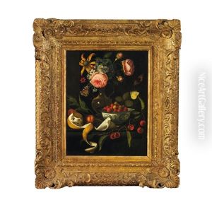 Prachtvolles Fruchte- Und Blumenstilleben Mit Schmetterlingen Und Fliege Vor Dunklem Hintergrund by Martinus Nellius