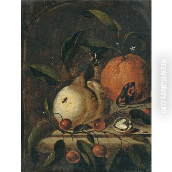 A Still Life With A Lemon, An Orange And A Walnut On A Ledge - view 1