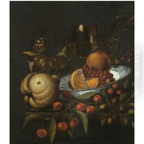 A Still Life With Oranges And Wild Strawberries In A Blue And White Porcelain Bowl, Together With Gooseberries, Cherries, A Roemer Of Wine, A Pear And A Butterfly On A Stone Ledge - view 1