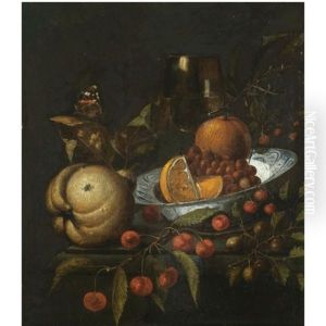 A Still Life With Oranges And Wild Strawberries In A Blue And White Porcelain Bowl, Together With Gooseberries, Cherries, A Roemer Of Wine, A Pear And A Butterfly On A Stone Ledge by Martinus Nellius