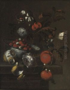 A Delft Blue And White Bowl With Cherries, Clementines, A Rose, Mixed Flowers In A Glass Vase And A Partly-peeled Lemon