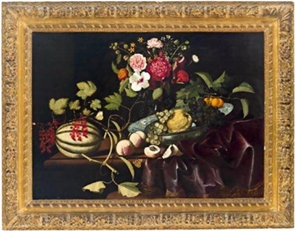 Stillleben Mit Einer Chinesischen Schale Aus Wan-li Porzellan, Mit Melone, Pfirsichen, Weintrauben, Marillen, Blumen Und Einem Schmetterling - view 1