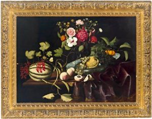 Stillleben Mit Einer Chinesischen Schale Aus Wan-li Porzellan, Mit Melone, Pfirsichen, Weintrauben, Marillen, Blumen Und Einem Schmetterling