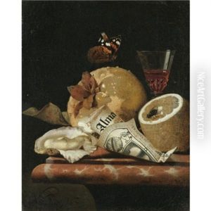 A Still Life With A Quince, A Lemon, An Oyster, A Partly Rolled-up Leaflet And A Wine Glass, All Aranged On A Marble Ledge With A Butterfly And A Fly by Martinus Nellius