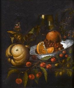 A Blue And Whitewan-li Kraakbowl Filled With Oranges And Wild Strawberries On A Stone Ledge With A Pear, Aroemer, Cherries And A Butterfly
