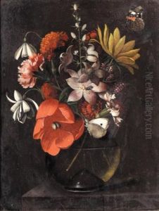Still Life With Various Flowers In A Glass Vase On A Ledge by Martinus Nellius