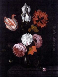 A Parrot Tulip, Roses, An Iris And Other Flowers In A Glass Vase On A Stone Ledge by Martinus Nellius