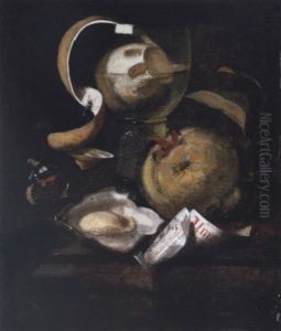 Still Life Of A Peeled Lemon In A Roemer, An Apple, Paper, Oyster And Butterfly On A Ledge by Martinus Nellius