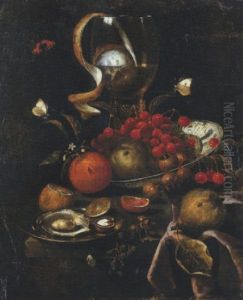 A Partly-peeled Lemon In A Giant Roemer, A Dish With Cherries, Apples And Oranges, A Plate With Oysters And A Walnut, With A Pear, Blackberries And Butterflies by Martinus Nellius