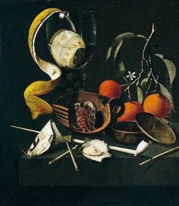 A Still Life Of A Peeled Lemon In A Roemer, An Oyster, A Pipe, Brazier And Oranges, All On A Stone Ledge by Martinus Nellius
