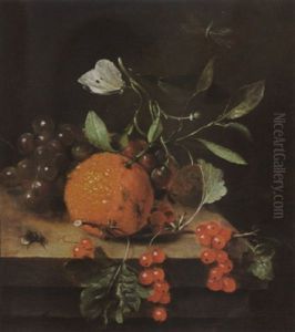 A Sitll Life Of An Orange, Grapes And Red Berries, Together With A White Butterfly, A Dragonfly And A Bee, All On A Wooden Ledge by Martinus Nellius