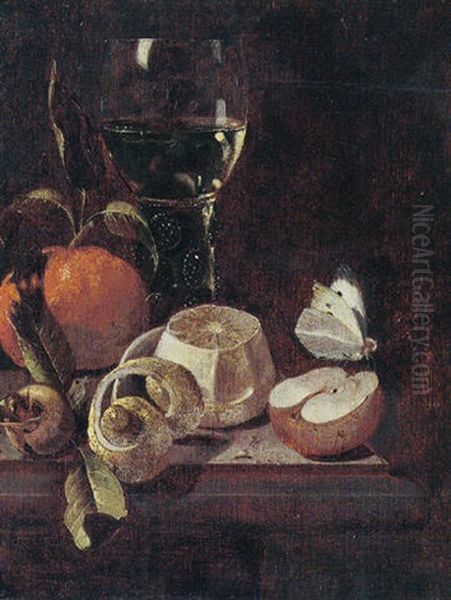 Still Life Of A Roemer, An Orange, Lemon, A Medlar, An Apple And A Cabbage White Butterfly, Upon A Stone Ledge - view 1