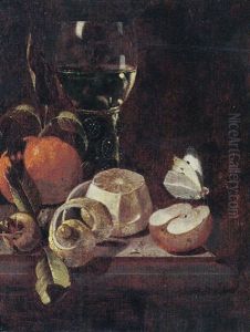 Still Life Of A Roemer, An Orange, Lemon, A Medlar, An Apple And A Cabbage White Butterfly, Upon A Stone Ledge by Martinus Nellius