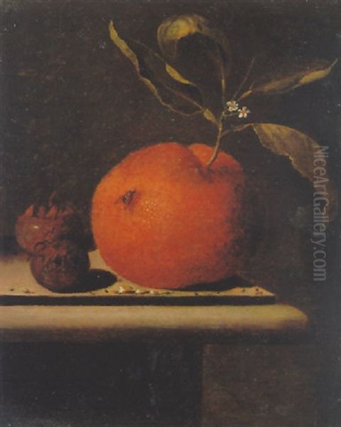 A Still Life Of An Orange And Medlars On A Stone Ledge - view 1