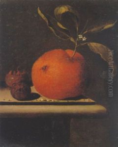 A Still Life Of An Orange And Medlars On A Stone Ledge by Martinus Nellius