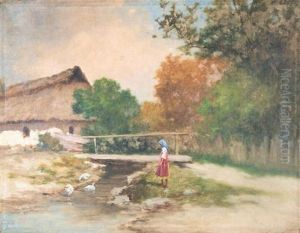 Scene Rurale D'une Fillette Pres D'un Cours D'eau Aux Oies by Antal Neogrady
