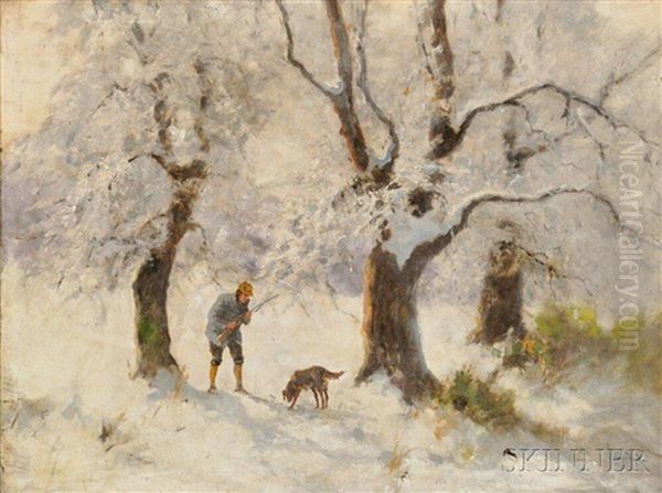 Hunter And Dog In A Snowy Wood - view 1