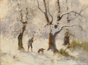 Hunter And Dog In A Snowy Wood by Antal Neogrady