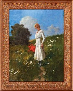 Young Woman Gathering Wildflowers In A Field by Antal Neogrady