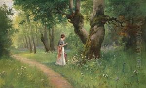 Lesende Junge Dame In Einer Fruhlingslandschaft by Antal Neogrady