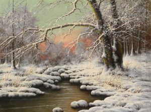 Peaceful Snow-covered Landscape With Stream by Antal Neogrady