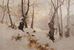 Verschneite Waldlandschaft Mit Rehen by Antal Neogrady
