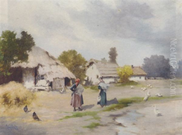 Peasant Ladies In Conversation By A Row Of Cottages - view 1