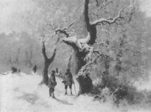 Gruppe Von Vier Jagern Auf Einer Verschneiten Waldlichtung by Antal Neogrady