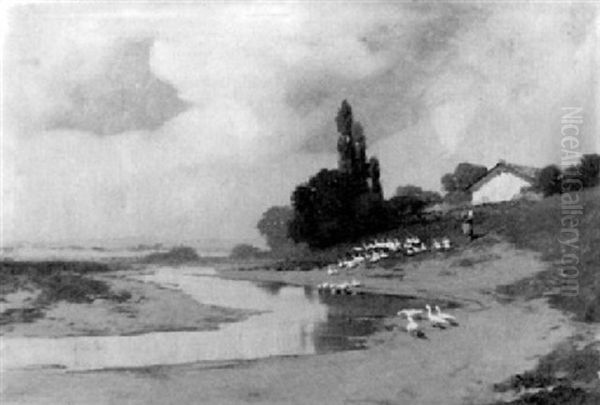 Bauernmadchen Mit Ganseschar Am Fluss - view 1