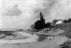 Bauernmadchen Mit Ganseschar Am Fluss by Antal Neogrady