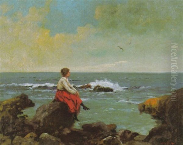Madchen An Felsiger Kuste, Sinnend Auf Das Meer Blickend - view 1