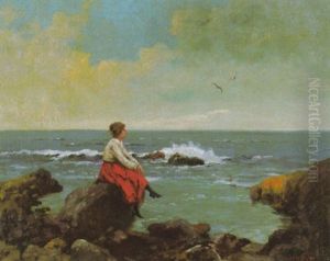 Madchen An Felsiger Kuste, Sinnend Auf Das Meer Blickend