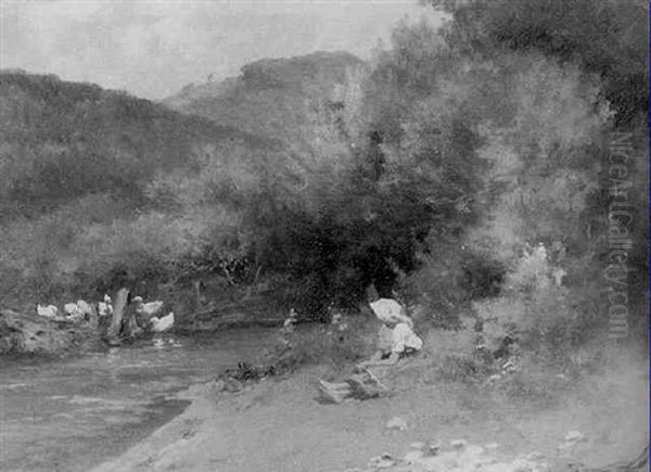 Peasant Girl And Ducks By A Stream - view 1