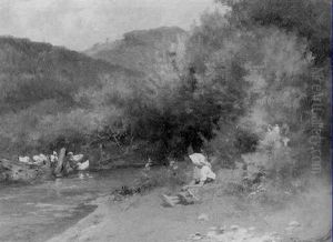 Peasant Girl And Ducks By A Stream by Antal Neogrady