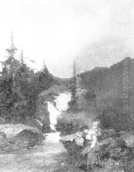 Woman With Parasol Seated Near A Stream - view 1