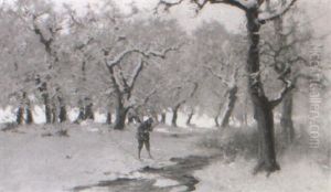 Huntsman In Winter Wooded Landscape by Antal Neogrady