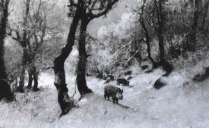 Wildschweine Im Winterwald by Antal Neogrady