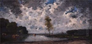 Kuhe Am Wasser Bei Aufziehenden Regenwolken Kuhe Am Wasser Bei Aufziehenden Regenwolken