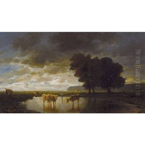 Kuhe An Der Tranke Vor Aufziehendem Gewitter