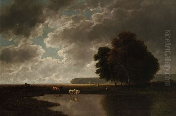 Weite Landschaft Mit Kuhen Am Weiher - view 1