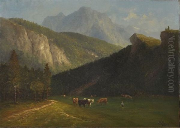Alpenlandschaft Mit Bergmassiv, Im Vordergrund Grasende Rinder - view 1