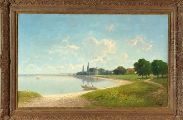 Fischerboot Am Ufer Einer Sommerlichen Chiemseelandschaft - view 1