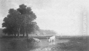 Sommerliche Mooslandschaft Mit Rindern Und Hirtin by Heinrich Neppel