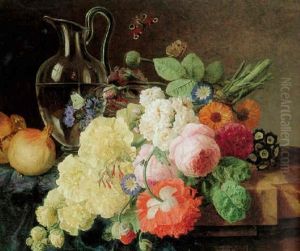 Still Life Of Roses, Morning Glories, Primroses And Other Flowers With Pomegranates And A Glass Pitcher Of Water