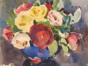 Still Life Of Roses In A Blue Vase by Geoffrey Birkbeck