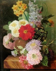 Still Life Of Narcissus, Zinnias And Various Other Flowers In A Vase Resting On A Marble Ledge